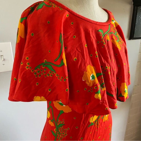 Vintage Leslie J bright red floral flower ruffle top maxi dress S Hawaiian - Picture 14 of 14